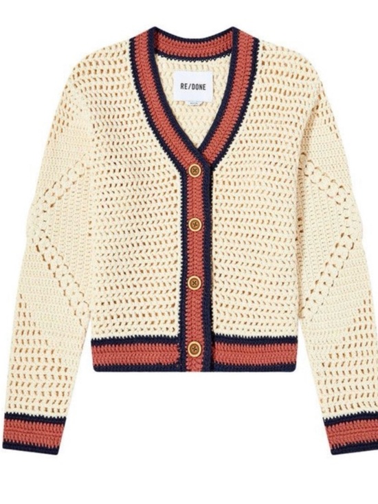 Re/Done Sweaters - Re/Done Cream Crochet V-Neck Cardigan with Navy & Rust Trim